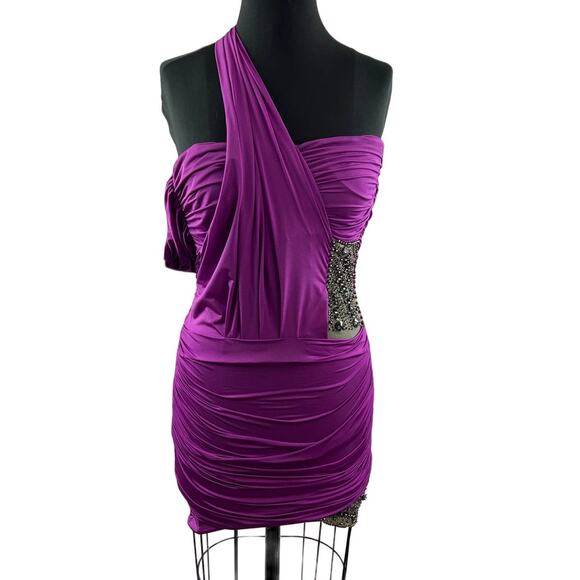 BOUBOU Purple Cotton Blend One Shoulder Embellished Ruched Mini Cocktail Dress S - Picture 1 of 7
